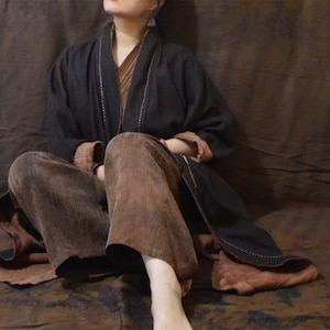 A386---Reversible Gambiered Tussah Silk / Mud Silk Cardigan Coat, Spring Jacket, Fall Dust Coat,  Made to Order.