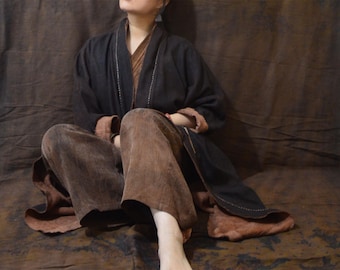A386---Reversible Gambiered Tussah Silk / Mud Silk Cardigan Coat, Spring Jacket, Fall Dust Coat,  Made to Order.