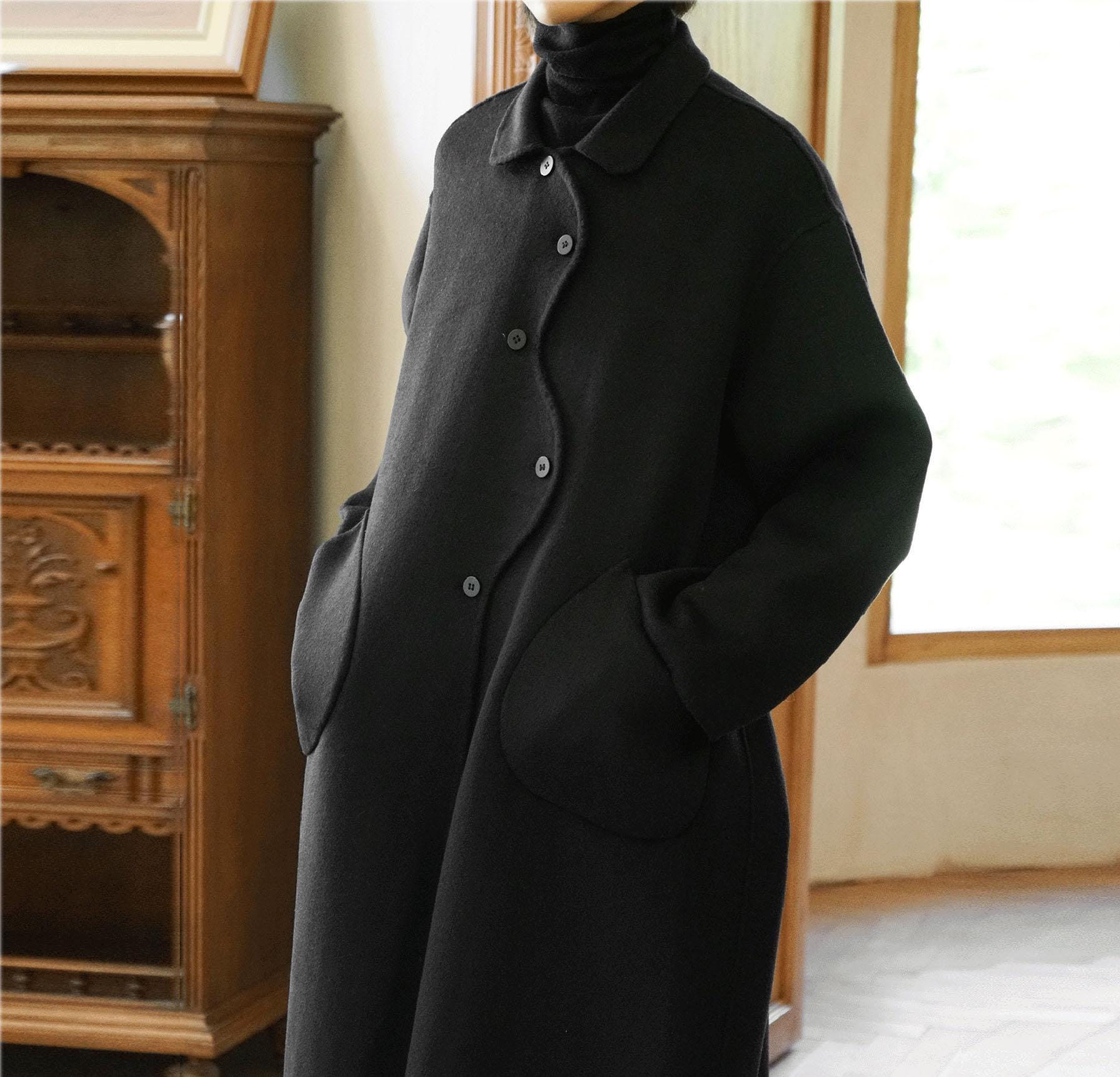 W167---women's Black Wool Coat With Crossed Wavy Placket, Made to