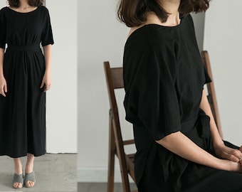 B43---Black Linen Tea Dress, V Neck Wrap Dress, Foggy Blue Cocktail Dress, Versatile Back Side Front Maxi Robe Dress, Made to Order.