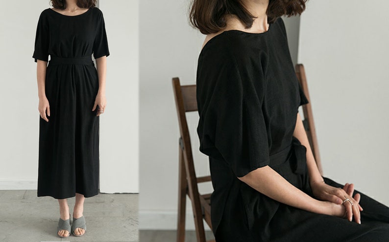 Made to Order. V Neck Wrap Dress Versatile Back Side Front Maxi Robe Dress B43---Black Linen Tea Dress Foggy Blue Cocktail Dress