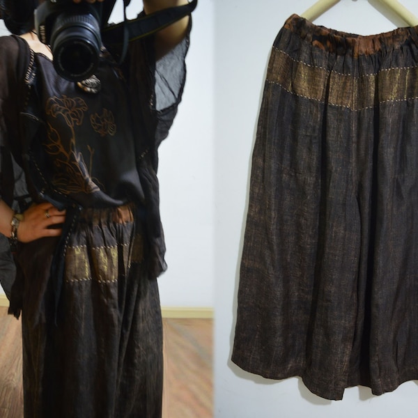 A906---Reversible Mud Tussah Silk Wide-leg pants, Gambiered Silk Wide Leg Pants,  Made to Order.