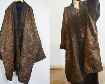 A959---Plant Dyed Silk Wool Blend Jacquard Kimono Coat / Hanfu Coat, Fall Coat,  Made to Order.