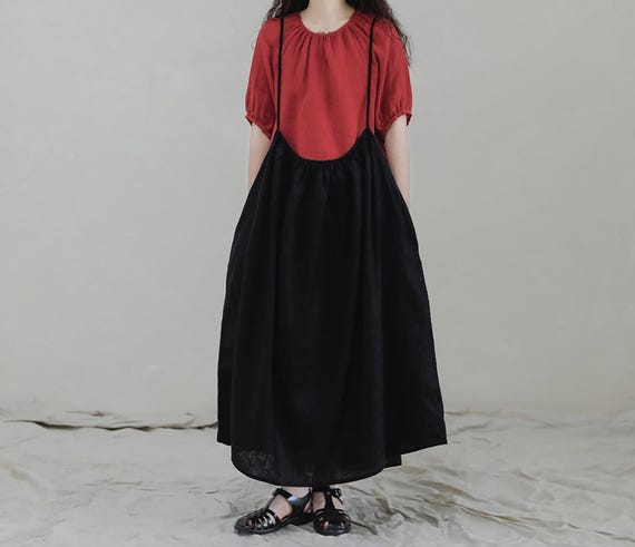 P131---Linen Gathered Overall Dress in Black, Long Overall Dress, Casual Women's Pinafore, Linen Jumper Drerss, Linen Apron Dress