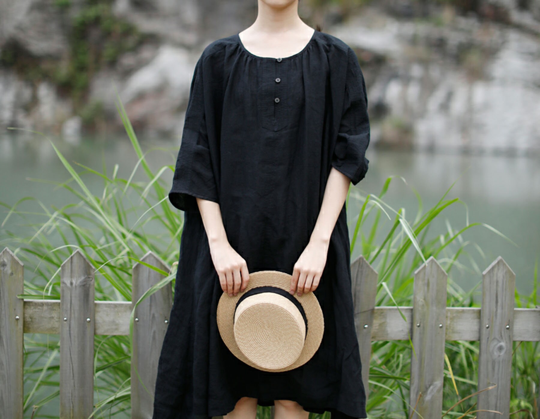 I002---women's Linen Tunic Dress in Black, 3/4 Sleeves A I002---women's Linen Tunic Dress in Black, 3/4 Sleeves A