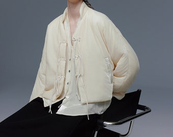 W080---Spring Jacket, Silk Velvet Quilted Crop Jacket in Cream, Silk Mandarine Padded Short Coat, Silk Chinese Coat, Made to Order.