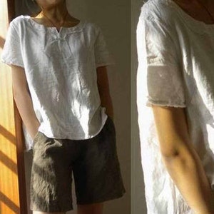 353---Women's White Linen Tee, Linen Blouse, Linen Tunic, Linen White Shirt, Short Sleeve Top, Plus Size Clothing, Made to Order.