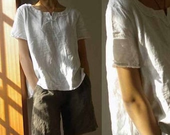 353---Women&#39;s White Linen Tee, Linen Blouse, Linen Tunic, Linen White Shirt, Short Sleeve Top, Plus Size Clothing, Made to Order.