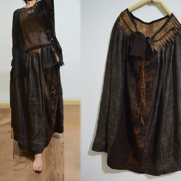 A907---Reversible Mud Tussah Silk Pintucked Tie Skirt, Gambiered Silk Skirt,  Made to Order.