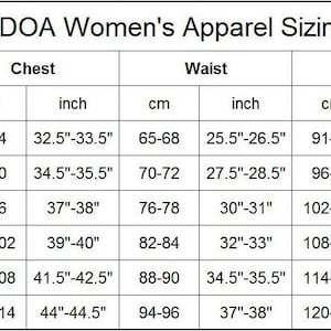 Puede incluir: Un gr&aacute;fico que muestra el tama&ntilde;o de la ropa para mujeres en pulgadas y cent&iacute;metros. El gr&aacute;fico incluye medidas para el pecho, la cintura y las caderas para las tallas S, M, L, XL, 2XL y 3XL.