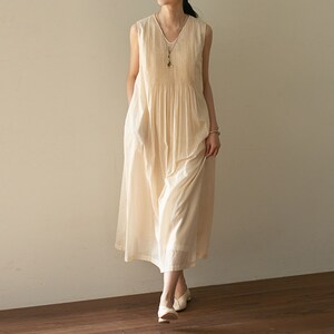 E104Women's High Count 100S Cotton Pintucked Sleeveless Dress / Tank Dress in Cream White, Made to Order. image 2