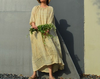 A411---Super Loose Fitting Hand-spun and Hand Woven Tussah Silk Tunic Dress, Raw Silk Maxi Dress, Long Dress, Maternity, Plus Size