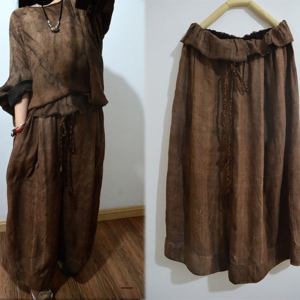 X096---Distressed Mud Tussah Silk Wide-leg Pants, Gambiered Silk Culotte, Made to Order.