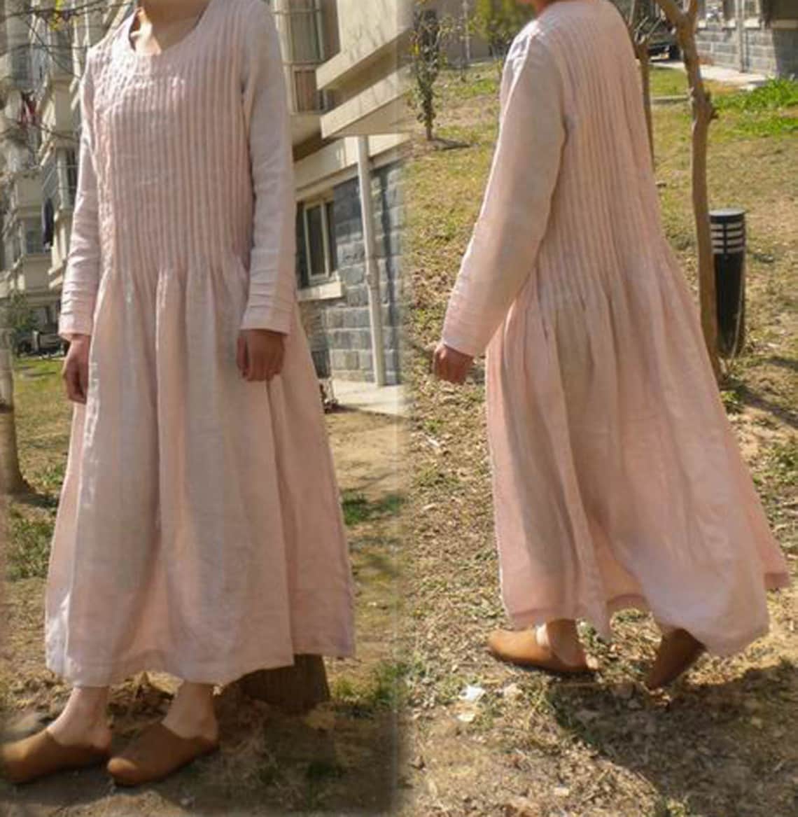 072Pintucked Pink Maxi Linen Dress Women's Long Sleeve Etsy