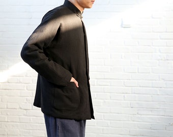 567---Chaqueta acolchada negra de cuello alto para hombre, traje Tang, traje chino, hecha a pedido.