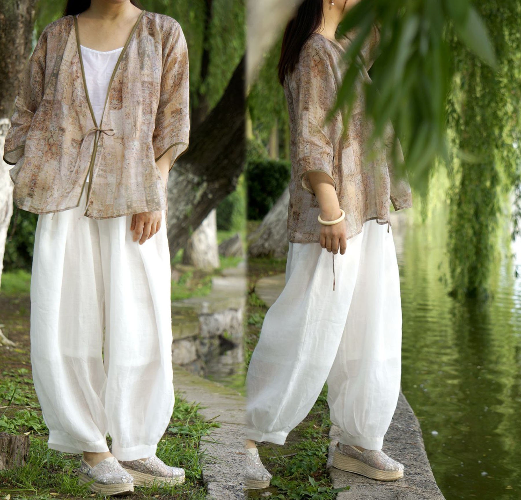 W042---high Count Ramie Lantern Pants in White Color