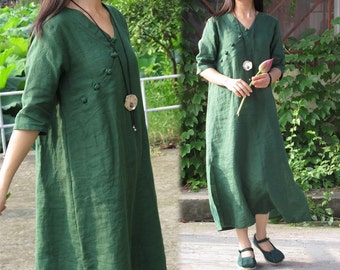 165---Green Linen Dress, Modified Chinese Cheongsam Dress, Handmade Tunic.