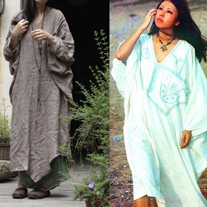 054Women's Linen Cocoon Dress, Linen Kimono Tunic, Plus Size Tunic, Maternity, Linen Galabia, Kaftan, Line Robe, Oversize Linen Dress image 2