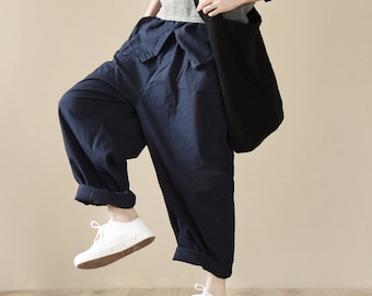 A20---Dark Navy Blue Tapered Boyfriend French Linen pants, Relaxed, Slouchy Fit , Loose Linen Pants / Women Linen Trousers.