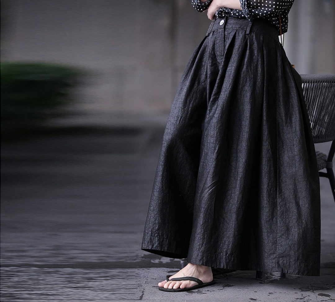 P322---black Cracked Mud Silk Wide Leg Pleated Skants / Pants