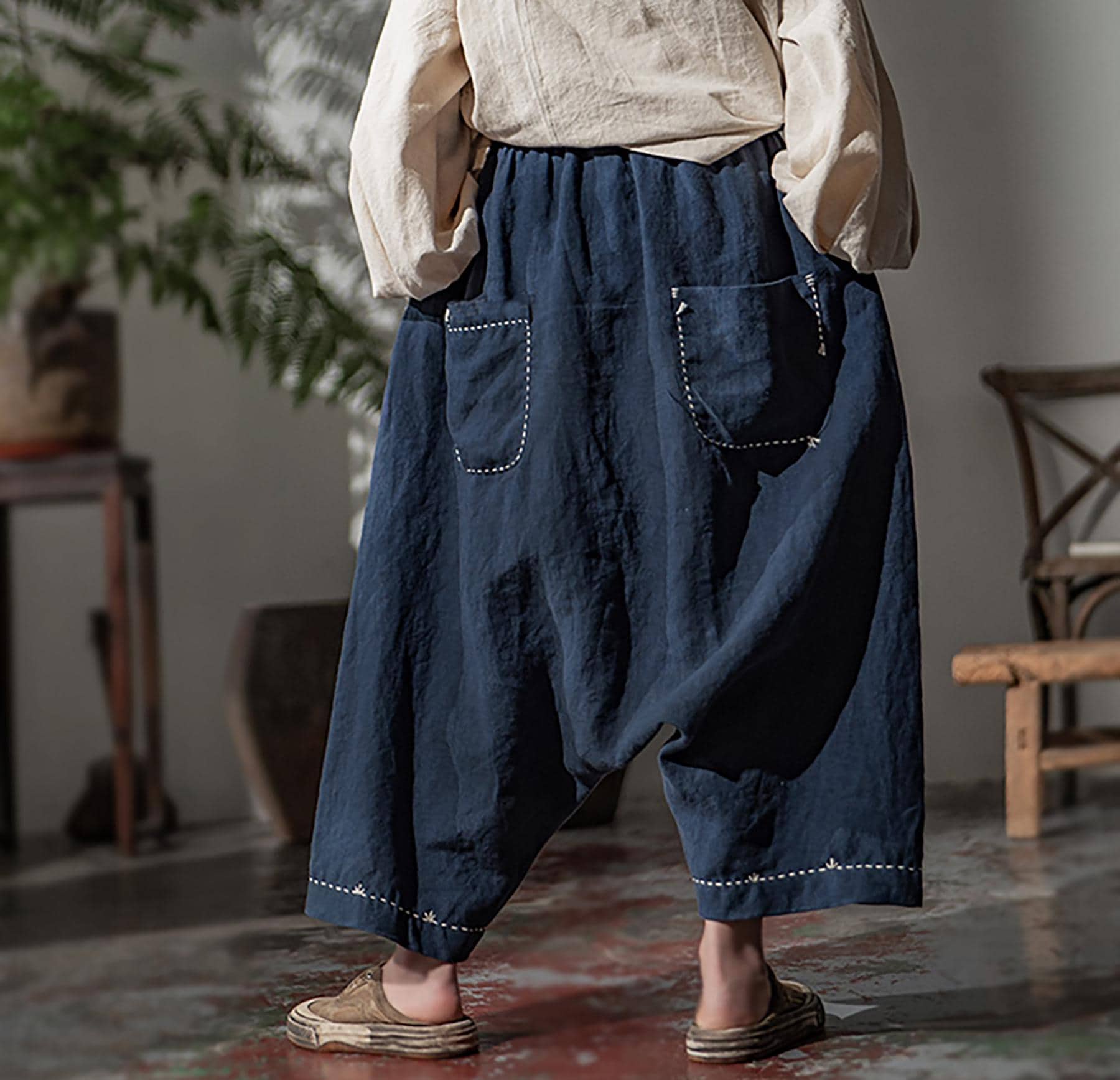 W134---loose Drop Crotch Heavy Weight Linen Harem Pants, Sarouel