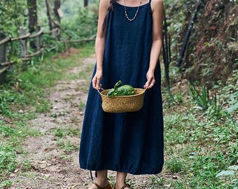 D334---Indigo Blue Linen Cocoon Shape Overall Dress, Long Pinafore Jumper, Linen Jumper Drerss, Linen Apron Dress, Made to Order.