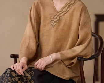 L033---Distressed Plant Dye Silk Charmeuse Chinese Blouse, Made to Order.