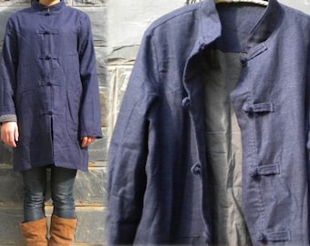 053 --- Gefütterte chinesische Cheongsam Navy Leinenjacke für Damen mit chinesischen Froschknöpfen, modifizierter Tang-Anzug, Stehkragen, auf Bestellung gefertigt.
