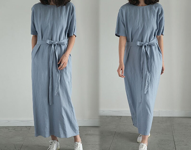 B43Foggy Blue Linen Tea Dress V Neck Wrap Dress Blue / | Etsy