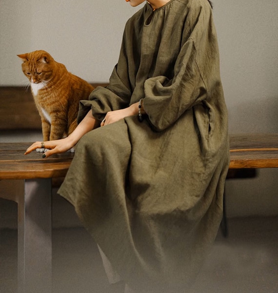 olive green loose dress N303---oversized Linen Tunic in Green, Women's Long Sleeves Linen Dress, Linen Zen Dress, Plus Size Linen Dress green quince dress