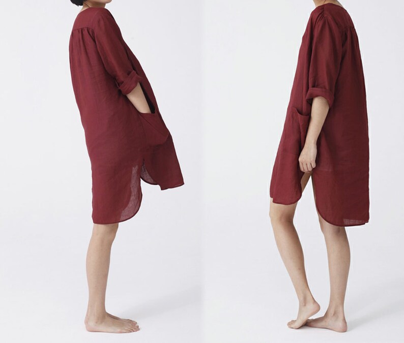 Shirt Dress. Excluding the inner Slip 084---Washed Ramie V-neck Red Tunic Dress