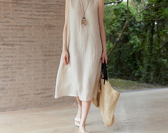W123---Abito estivo senza maniche in lino, abito lungo in lino naturale con tasca per donna, abito casual in lino a trapezio, abito da spiaggia