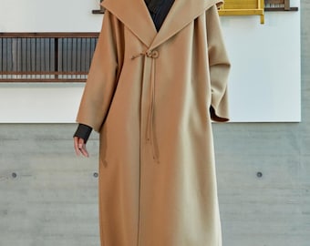 H205---women's Double Faced Wool Hooded Coat in Camel, Hand