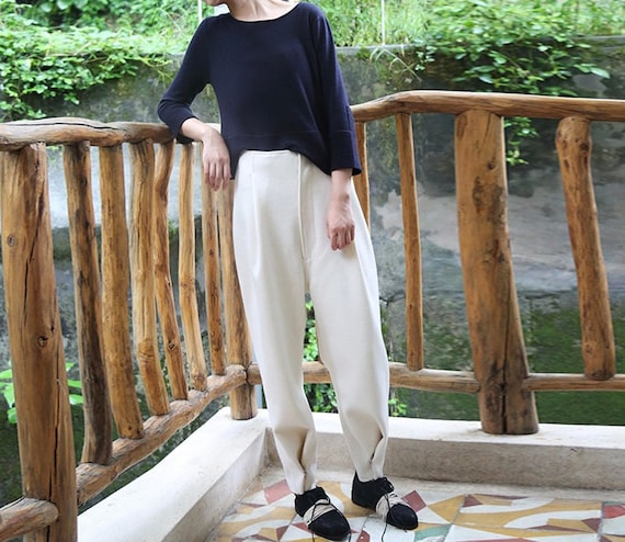 960---Wool Boyfriend Tapered Pants, Relaxed, Slouchy Fit , Loose White / Black Wool Pants, Women Winter Trousers, High Fashion, Simplicity,