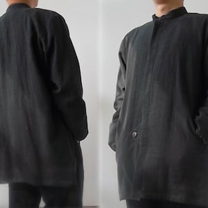 041---Men&#39;s Lined Linen Cotton Blent Jacket, Fly Front,Mandarin Collar, Modified Tang Suit, Made to Order, Custom Made Chinese Costume.