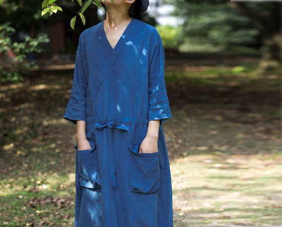 D010---plant Dyed Indigo Blue Linen Rayon Blend Dress, Low Waist, 3/4  Sleeves, With Large Pocket, Made to Order. - Etsy Canada