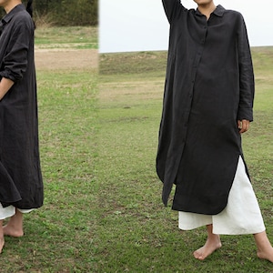 D006---Black Linen Shirt Dress, Shirtdress, Shirt Coat, Linen Jacket, Spring, Fall Linen Trench Coat, Made to Order.