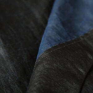 Puede incluir: Primer plano de una tela azul oscuro con una tela negra doblada sobre ella. La tela tiene una textura casi de mezclilla.