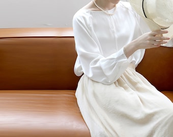 J001---White Pure Silk Blouse, Silk Charmeuse Tee / Top / Shirt, Long Raglan Sleeves Silk T-shirt, Made to Order.