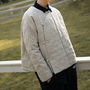 J013---Woman&#39;s Collarless Flax Linen Goose Down Chinese Jacket / Tang Coat , Light Weight Puffer Down Jacket, Made to Order.