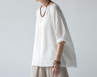 E105---High Counted Ramie 3/4 Sleeves Blouse (Excluding Inner Slip) in White with Contrast Hand Stitching, Summer Top, Made to Order.
