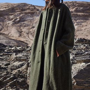 Q047---Women&#39;s Winter Boiled Wool Oversized Coat in Deep Moss Green, Wool Long Coat, Made to Order.