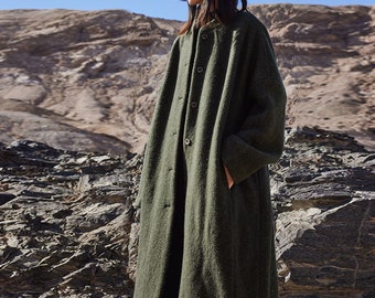 Q047---Women's Winter Boiled Wool Oversized Coat in Deep Moss Green, Wool Long Coat, Made to Order.
