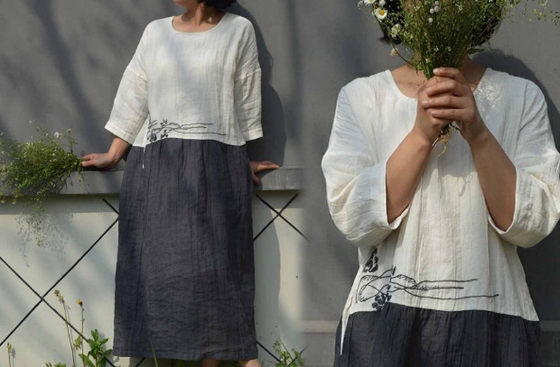468---Hand Embroidered Bi-color Ramie Dress Two-tone Tunic Made to Order.
