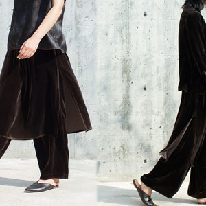A110---Silk Velvet Culottes, Gaucho, Skirt Pants, Pant Skirts,  Loose Linen Pants / Blue Women Linen Trousers, Made to Order.