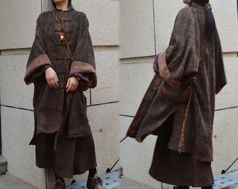 A708--Hand Woven Mud Tussah Silk Chinese Coat, Gambiered Silk Jacket,  Made to Order.