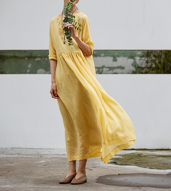 E014---High Counted Ramie Tunic Dress, (Excluding Inner Slip Dress), with Hand Embroidery, Yellow Wedding Dress, Yellow Dress