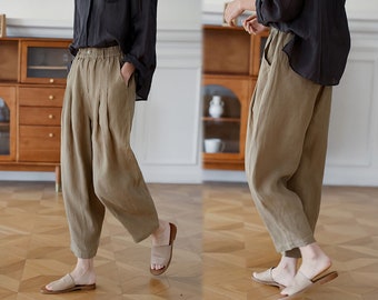 V408---Women High Count Linen Pants, Linen Trousers. Elegant, Classic, High Waist Trousers with Pockets.