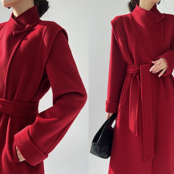 W074---Premium Double Faced Wool Chinese Coat, Women Camel Wool Coat, Mid-calf Length Coat, Wool Cashmere Coat, Trench Coat, Made to Measure