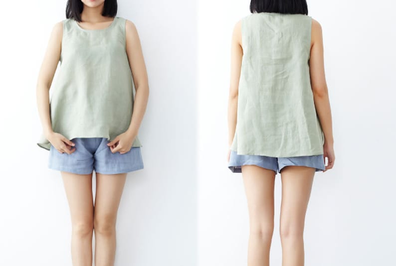B20---Washed Ramie Trapeze Tank Top White Tank Tops Made to Order. Crewneck Crop Tops